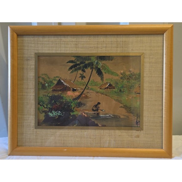 Vietnamese Watercolor Painting Village‎ Canal Scene Signed Landscape